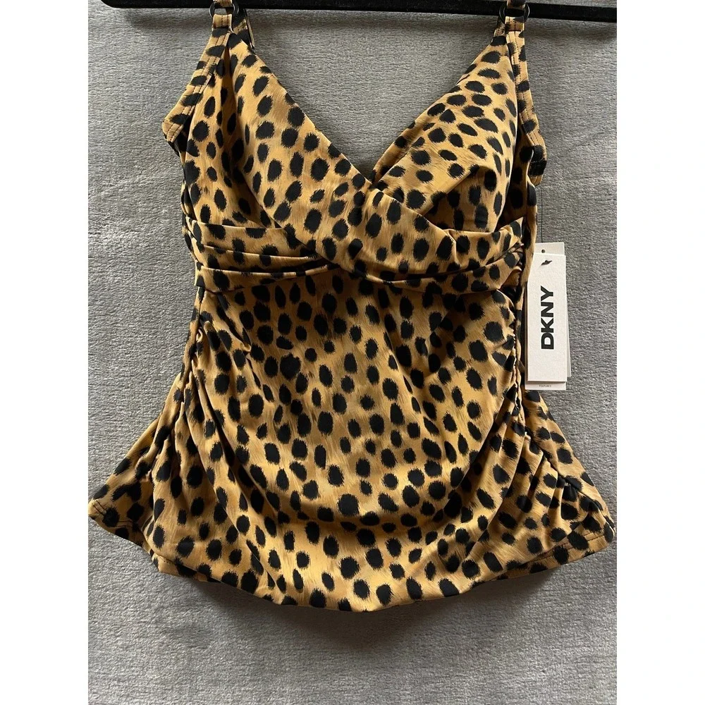 DKNY Womens Leopard Print Tankini Top‎ Brown Black Ruched Swimwear Sz S $60